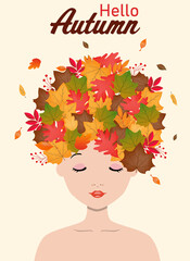 Autumnal background. Poster woman with leaves in hair