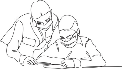 Parents take their children to school line illustration. Line art vector Education