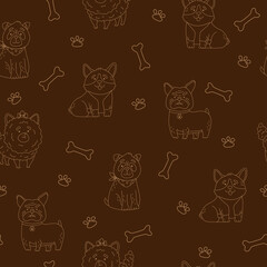 Fluffy shaggy little dogs breed pomeranian, pug, bulldog, corgi vector seamless pattern. Cartoon animal puppy texture.