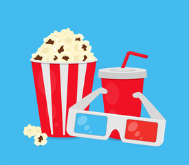 Film industry flat vector illustration. Popcorn, soda and 3D glasses on a bright blue background.