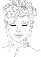 Flower face woman line drawing. Modern continuous line art. Women line art. Beauty salon logo. Coloring book. Botanical print. Nature symbol of cosmetics. Fashion logo.