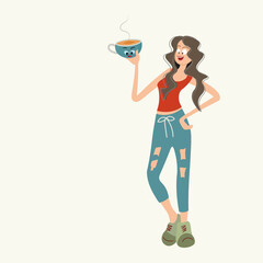 Modern skinny girl with a funny cup of coffee or tea. The woman drinks, stands in a relaxed position, rejoices. Cartoon character. Vector illustration with place for text for advertising hot drinks.