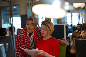 Young women discussing paperwork at computer