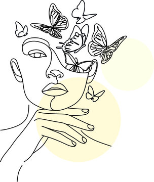 Poster with minimal woman portrait face with butterflies.