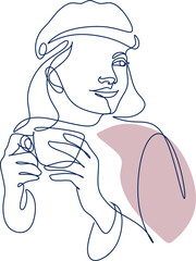 Woman with coffee line art. Absctract girl with cup minimal logo. Cafe logo