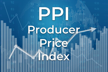 Financial term PPI (Producer Price Index) on blue finance background from graphs, charts, columns, candles, bars, numbers. Trend Up and Down, Flat. 3D illustration