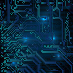 Circuit board background. Technology concept, dark background. Analog circuit. Electronic computer technology, digital chip. Banner, presentation. Space for text, copy space. Vector design