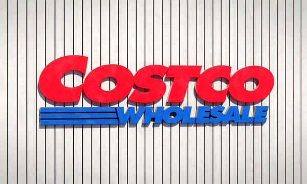 Three-dimensional Costco sign against white paneled wall. Costco  is an American wholesale corporation. Editorial 3D illustration