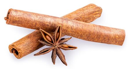 Cinnamon sticks and anise star isolated on white background