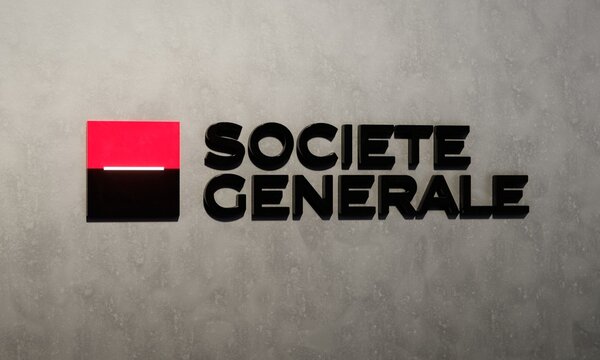 Three-dimensional logo of French multinational investment bank Société Générale against concrete wall. Editorial 3D illustration