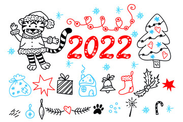 New year elements, tiger symbol of 2022, multicolored festive decor, new year card