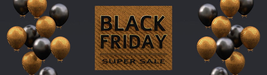 Black Friday Super Sale on gold template. Banner with golden and black balloons on right and left. Realistic illustration for banner, presentation design, sale. 3d rendering