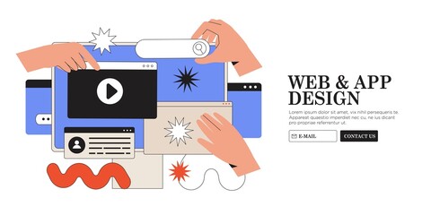 Website design or redesign banner, landing page, advertisement. Designers working on ui ux design or mobile application. Studio or agency prototyping or coding web page or mobile app. Cms development.