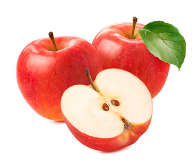 Two fresh red apples and half isolated on white background. Package design element with clipping path