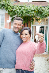 Naklejka premium Portrait couple with keys to new house