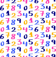 Numbers handwritten with marker pen. Zero to nine. Colorful for kids. Vector print. Pattern seamless. School, math, theme, fun, original, backdrop, background.
