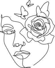 Flower face woman line drawing. Modern continuous line art. Women line art. Beauty salon logo. Coloring book. Botanical print. Nature symbol of cosmetics. Fashion logo.