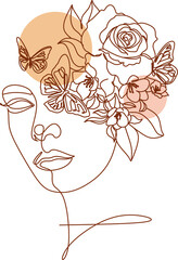 Woman line art beauty logo. Surreal Line art female floral girl. Abstract face with plants by  line drawing. Portrait minimalistic style. Nature symbol of cosmetics. Botanical logo. 
