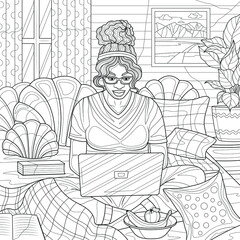 A girl works at a laptop from home.Freelance.Coloring book antistress for children and adults. Illustration isolated on white background.Zen-tangle style. Hand draw