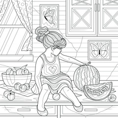 Child in the kitchen with fruit.Coloring book antistress for children and adults. Illustration isolated on white background.Zen-tangle style. Hand draw
