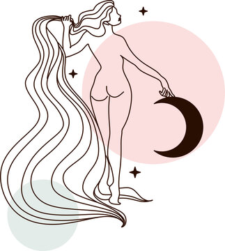 recommend clip art: Magic woman boho vector illustrations of graceful feminine women and esoteric symbols set. Mysterious and witchcraft line art design elements. Bohemian silhouettes for greeting card, logo or poster.