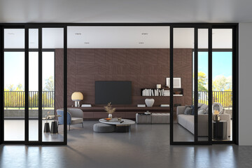 Illustration 3D rendering large luxury modern bright interiors Living room mockup computer digitally generated image