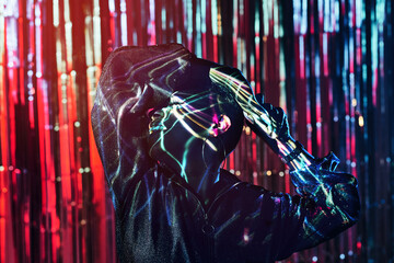 Cool black model in ultraviolet light dancing in nightclub