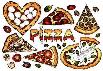 Sketch drawing set of colorful pizza set isolated on white background. Hand drawn italian food, tomato, salami, mozzarella, melted cheese, mushroom, basil, seafood, heart shaped. Vector illustration.