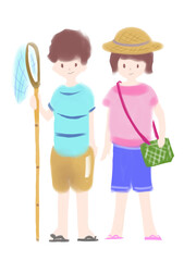 昆虫採集をする小学生の男女のイラスト