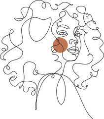 Afro american woman in a modern abstract minimalist one line style. Continuous black line simple drawing. Curly hair woman. Isolated on white. 