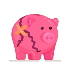Vector illustration of broken piggy bank on white background. Broken piggy bank money savers. Piggy, savings money, icon. 