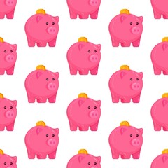 Seamless pattern stock vector illustration. Flat style piggy bank pattern, isolated on white background. Pink piggy bank print.