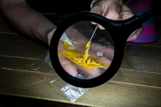 Crop person with cannabis glue on stick against magnifying lamp