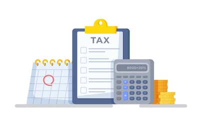 Vector illustration of devices for counting and paying salaries. Tax receipt and document concept. Isometric accountant workspace elements of money coins and financial