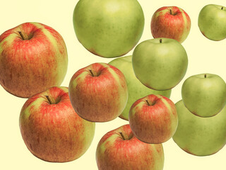 Apple pattern of green and yellow large apples on a light yellow background