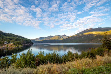 Kootenay Lake, Kaslo Bay and mountains in the rural village of Kaslo, British Columbia, Canada