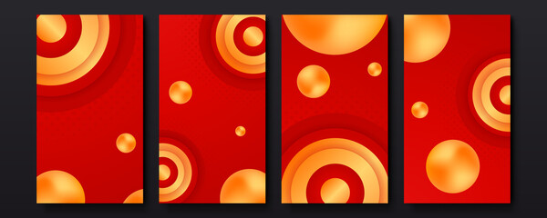 Social media story templates set with golden circle elements on red dark background