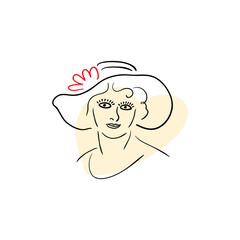 Miniature portrait of a beautiful middle-aged woman wearing a hat with a red flower and expressive eyes. Abstract woman face in the style of minimalism. Line drawing style, hand drawing, back stroke.