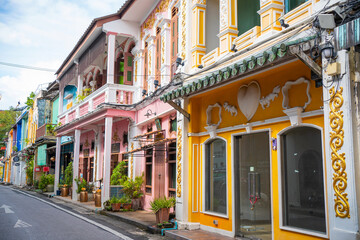 Travel landmark on summer trip famous location.Phuket old town Colorful buildings in Sino Portuguese style - obrazy, fototapety, plakaty