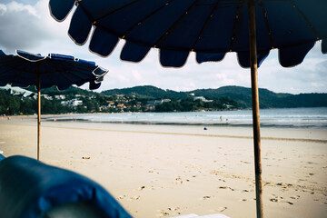 Umbrella on beach Coconut palm trees in islands.