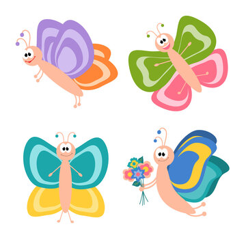 A set of funny butterflies with funny faces. Cartoon character. Isolated illustration for design.
