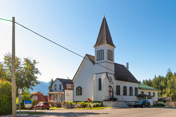 The St. Andrew's United Church, a wood frame gothic style church with belfry and spire, one of the oldest churches in British Columbia.