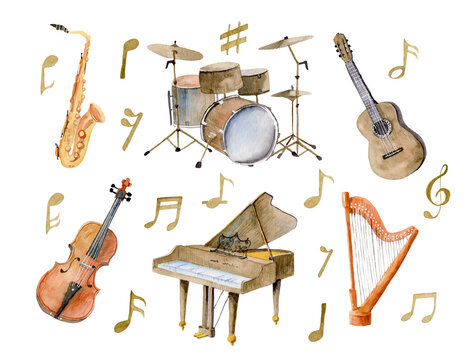 Watercolor Set with Music Instruments. Harp and Guitar for invitations to the music day. Violin, saxophone, piano and drum for any design. Notes on white isolated background
