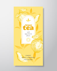 Fruit and Berries Tea Label Template. Abstract Vector Packaging Design Layout with Realistic Shadows. Hand Drawn Quince with Slices and Leaves Decor Silhouettes Background. Isolated
