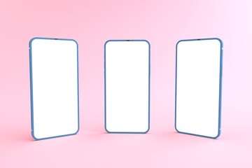 3D rendering of mockup blue Smartphone white screen on pink floor, Blue Mobile phone tilted and lay down on the ground. Smartphone white screen can be used for advertising,Isolated on pink background.
