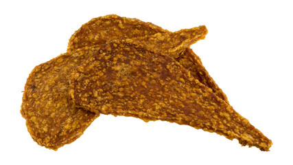 Side view of three pieces of duck jerky on a white background.