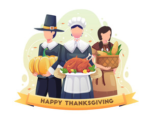 Two pilgrims and an Indian girl celebrate thanksgiving holding food. Flat vector illustration - obrazy, fototapety, plakaty