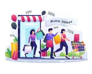 people are online shopping via smartphone at Black Friday event, Big Discounts and Holiday Sale. Flat vector illustration