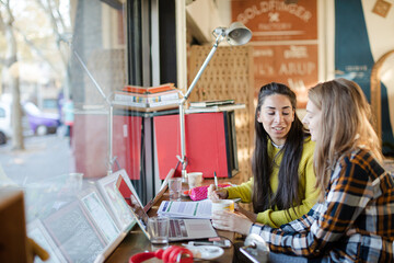 Young female college students studying in cafe