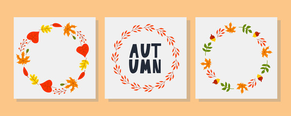 Vector wreath of autumn leaves and fruit in watercolor style. Beautiful round wreath of yellow and red leaves, acorns, berries, cones and branches. Decor for invitations, greeting cards, posters.